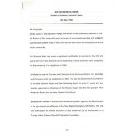 Honorary doctorate citation, Sir Roderick Weir, 1993