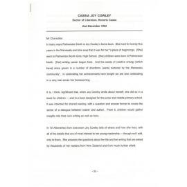 Honorary doctorate citation, Joy Cowley, 1993