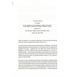 Honorary doctorate citation, Sir Brian Elwood, 1994
