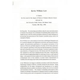 Honorary doctorate citation, Kevin William Low, 1996