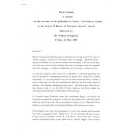 Honorary doctorate citation, Kevin Ireland, 2000