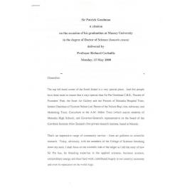 Honorary doctorate citation, Sir Patrick Goodman, 2000