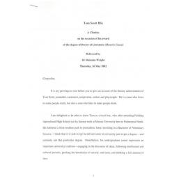 Honorary doctorate citation, Tom Scott, 2002