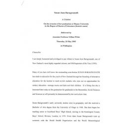 Honorary doctorate citation, Susan Joan Baragwanath, 2005