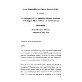 Honorary doctorate citation, Suzie Moncrief, 2014