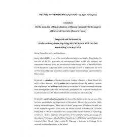 Honorary doctorate citation, Sandy Adsett, 2018