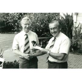 Mr Alan Weir farewells Mr George Wood, May 1985