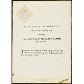 Privy Council appointment of Prime Minister William Massey, 21 January 1914