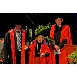Honorary doctorate, Mary and Dick Earle with Andrew Cleland, 15 May 2018