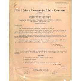 Hakaru Co-operative Dairy Company Limited. Annual Report and Balance Sheet for the year ended 31 May 1922