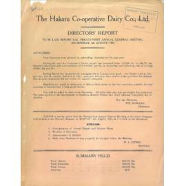 Hakaru Co-operative Dairy Company Limited. Annual Report and Balance Sheet for the year ended 31 May 1923