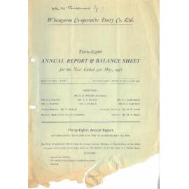 Whangaroa Co-operative Dairy Company Limited. Annual Report and Balance Sheet for the year ended 31 May 1948