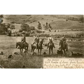 Rural view of 4 shepherds, with dogs, in a paddock, 1900s