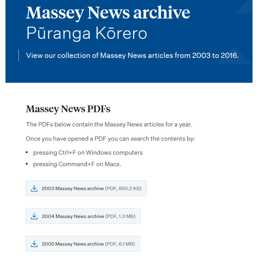 Massey News webpage archive