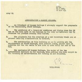 Peren, G. S. (Brigadier). Memorandum to Army Headquarters on accommodation at Massey College, 22 March 1943