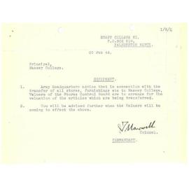 Maxwell, D. T. (Colonel). Memorandum to G. S. Peren on transfer of equipment to Massey College, 29 February 1944