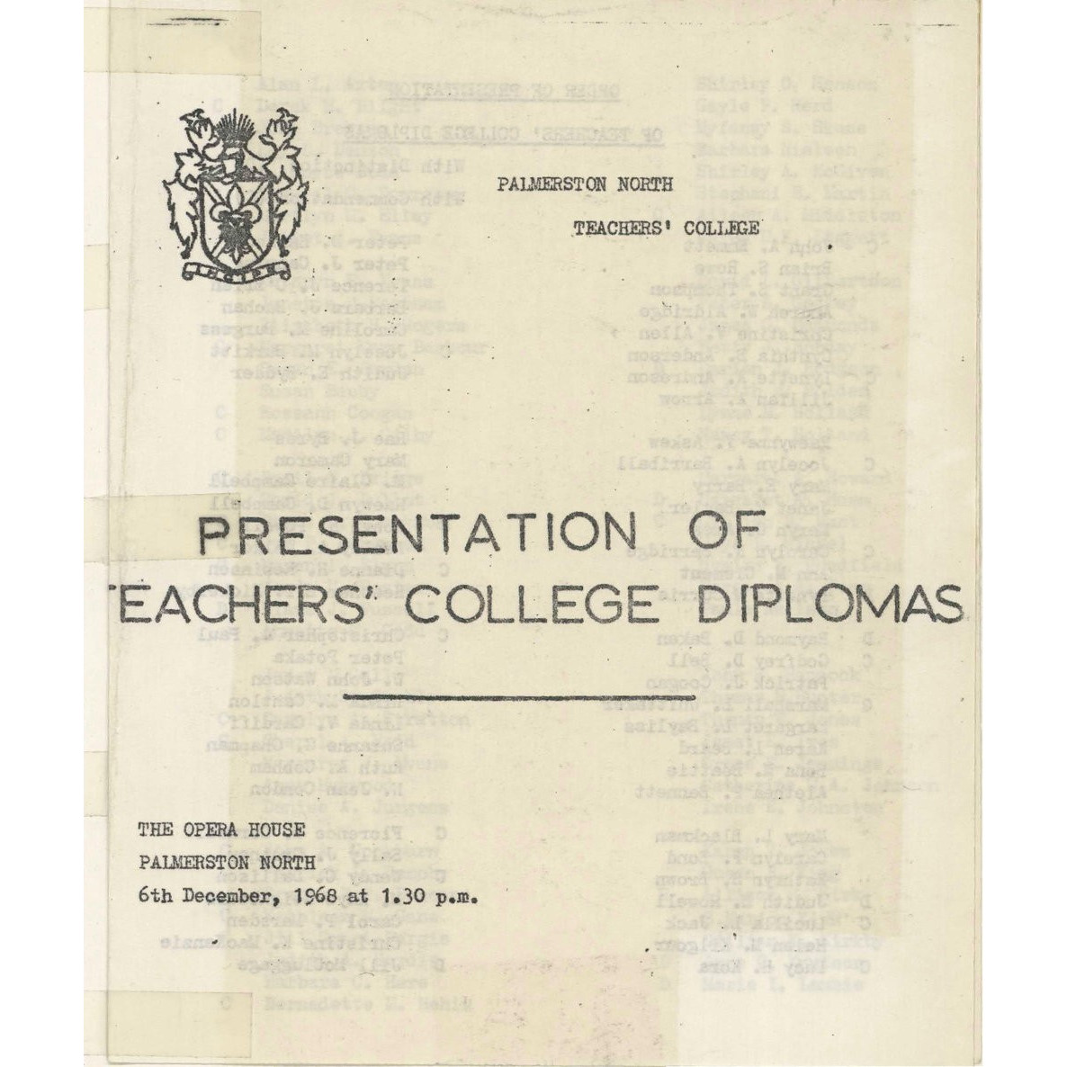 Palmerston North College of Education Graduation Programme