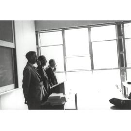 Alan Cooper, George Culliford and Peter Freyberg addressing students, 14 March 1960