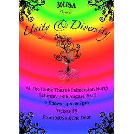 Massey University Students’ Association. Unity and Diversity concert poster, 18 August 2012