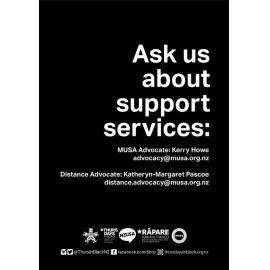 Massey University Students’ Association. Ask us about support services leaflet, 2018