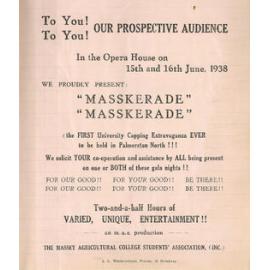 Massey Agricultural College Students’ Association. Masskerade revue poster, 1938