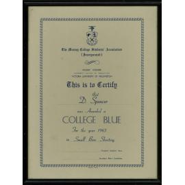 Massey College Students’ Association. College Blue certificate awarded to D. Spencer for small bore shooting, 1963