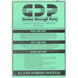 Gordon Dinosaur Party. Promotional flyer, 1990