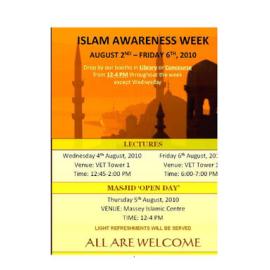 Massey Muslim Society. Islam Awareness Week leaflet, 2–6 August 2010