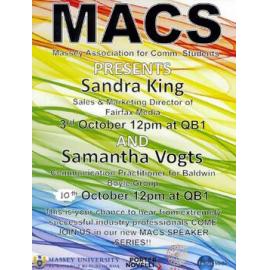 Massey Association for Communication Students. Speaker Series poster, October 2012