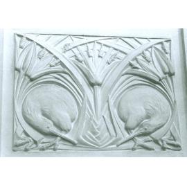 Old Main Building. Kiwis and flax bas-relief in Auditorium, September 1979