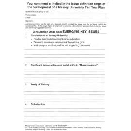 Massey University Ten Year Plan Comment Sheet, 2001